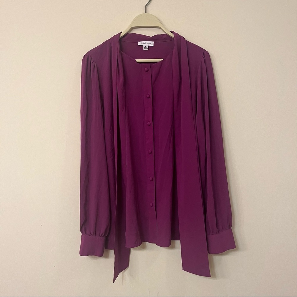Calvin Klein Purple Scarf Button Up Long Sleeve Office Work Blouse
